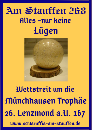 Ein runder, heller Gegenstand auf einem Holzsockel mit Text und Werbeinhalt.