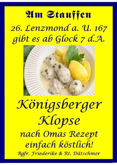 Königsberger Klopse, ein traditionelles Gericht, beworben mit einem Rezept und Öffnungszeiten.